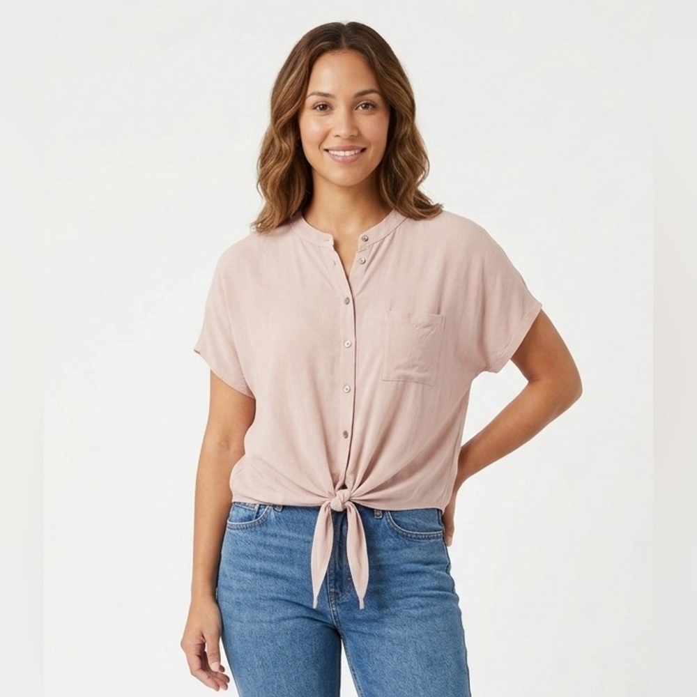 🌸 Mauve Short Sleeve Tie-Front Button Down Blouse